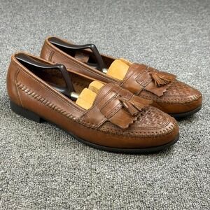 Men's The Leather Collection Brown Woven Leather Tassel Dress Loafers Size 9.5 M
